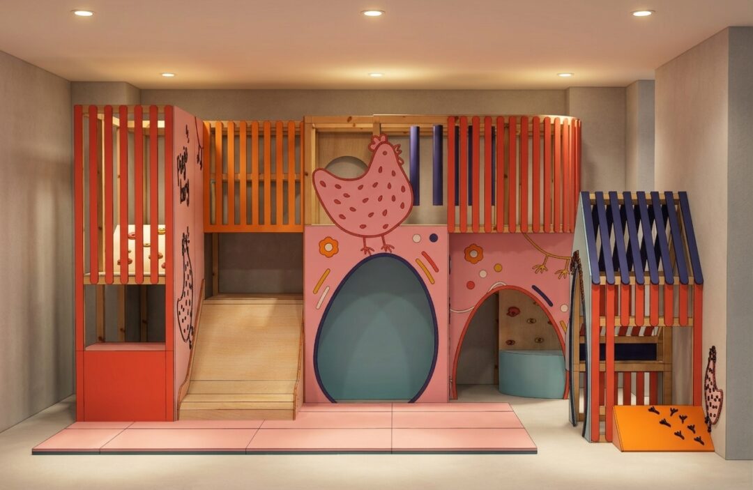 A hen house–themed wooden jungle gym in a modern café.
